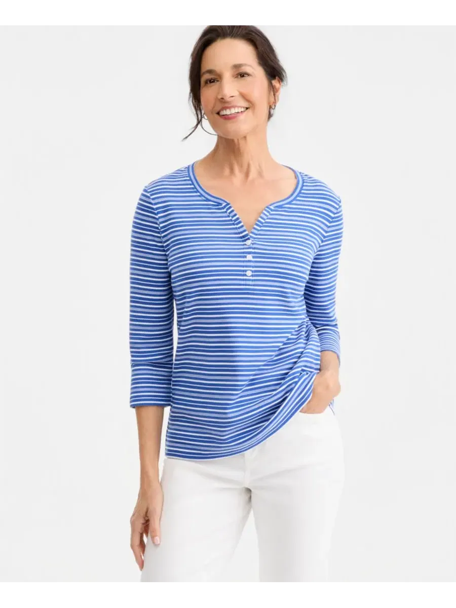 Блузка-поло с длинным рукавом 3/4, модель Petite Striped Henley Style & Co — изображение 1 из 3, оранжевый
