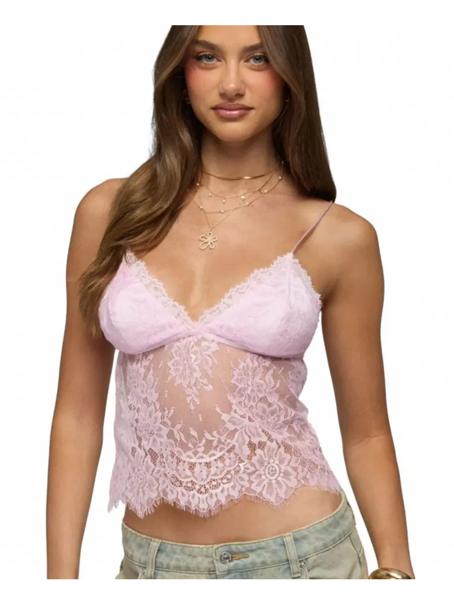 Топ без рукавов с V-образным вырезом Ottilie Lace and Satin Effect Edikted — изображение 1 из 5, розовый