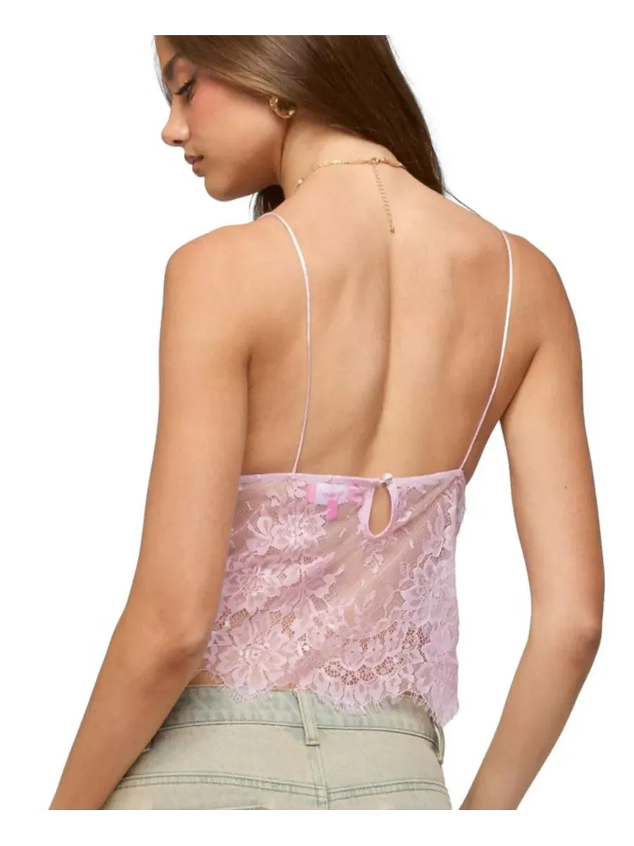 Топ без рукавов с V-образным вырезом Ottilie Lace and Satin Effect Edikted — изображение 3 из 5, розовый