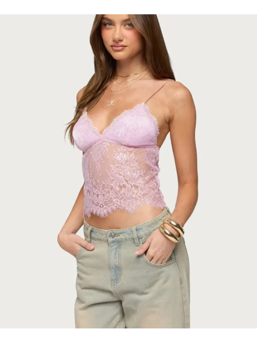 Топ без рукавов с V-образным вырезом Ottilie Lace and Satin Effect Edikted — изображение 4 из 5, розовый