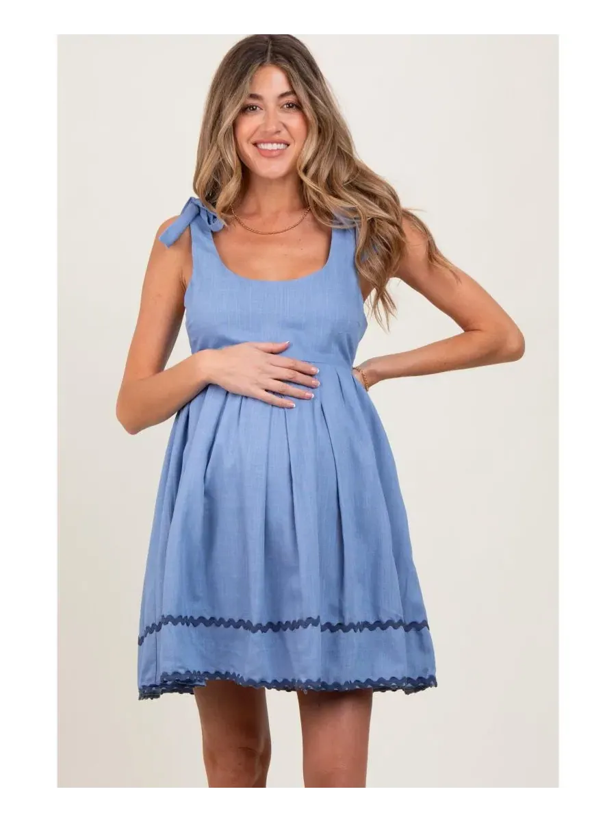 Платье мини с бантом на плечах и плиссированной юбкой, модель Shoulder Bow Tie Pleated Pinkblush — изображение 2 из 5, синий