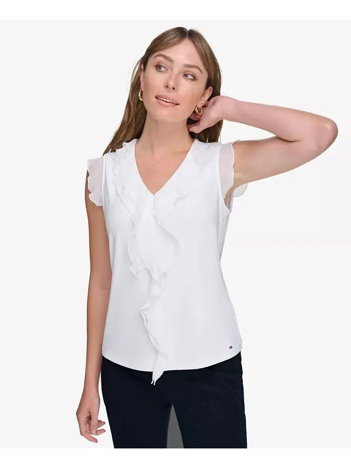 Женский топ смешанной техники с рюшами Tommy Hilfiger — изображение 1 из 5, белый