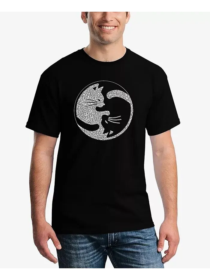 Мужская футболка с коротким рукавом с изображением Word Art Yin Yang Cat LA Pop Art — изображение 1 из 3, черный