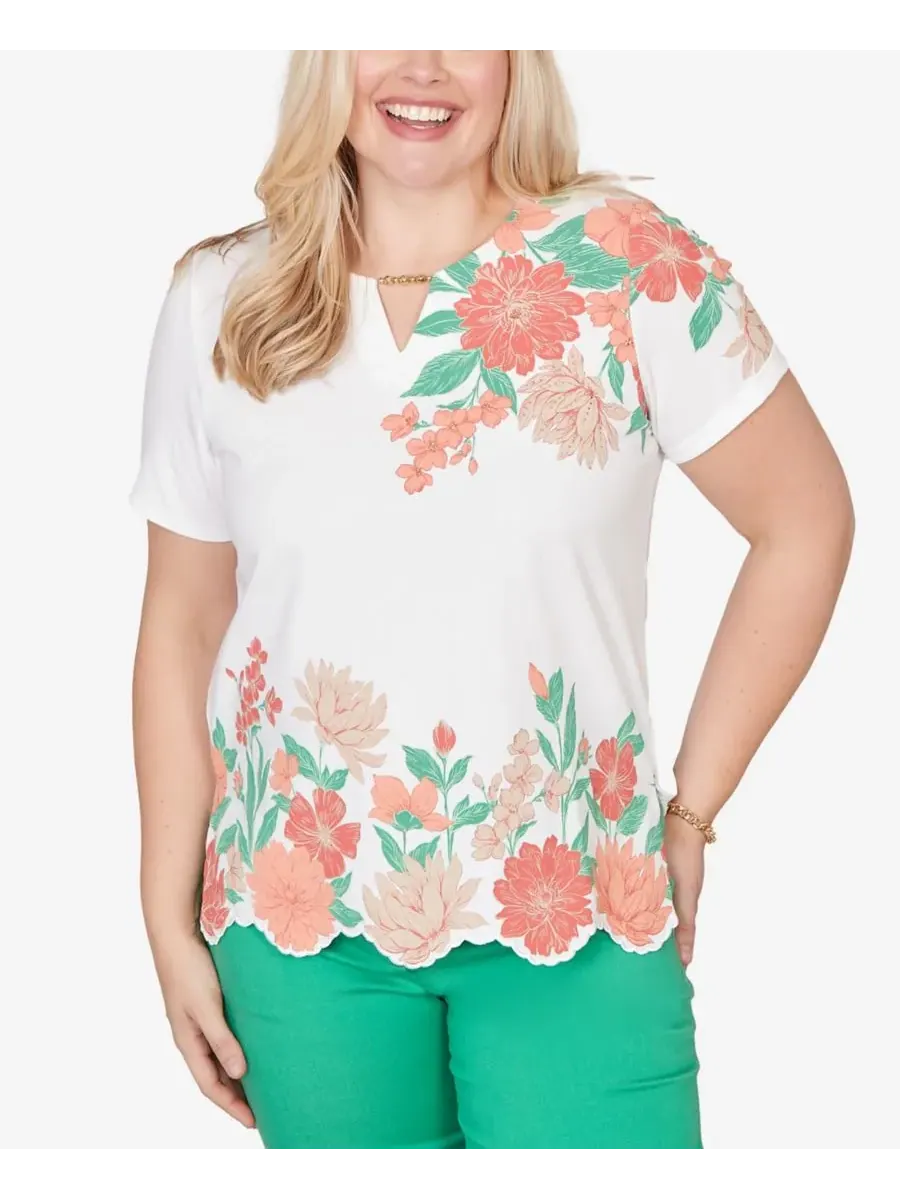 Petite Resort Living Floral Scallop Border Top Alfred Dunner — изображение 1 из 5, оранжевый мульти