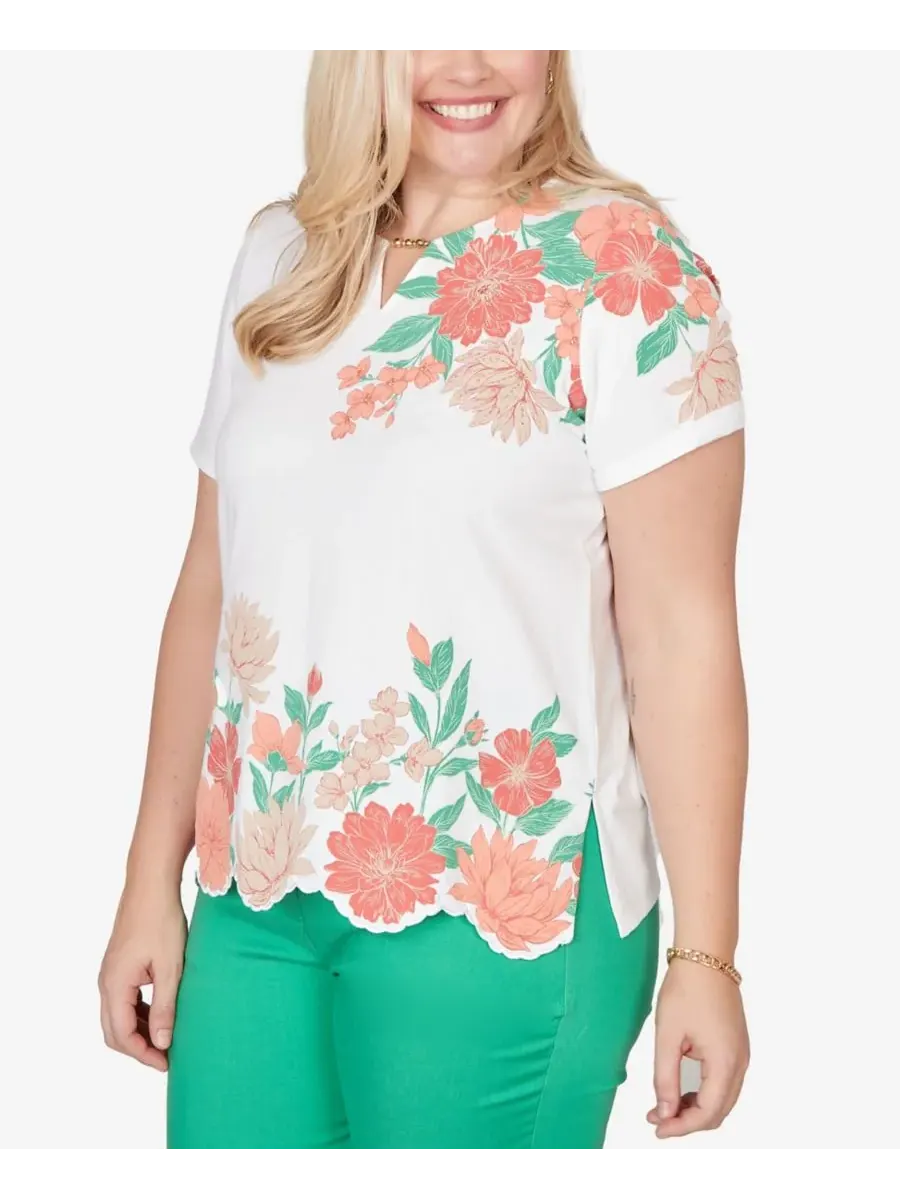 Petite Resort Living Floral Scallop Border Top Alfred Dunner — изображение 2 из 5, оранжевый мульти
