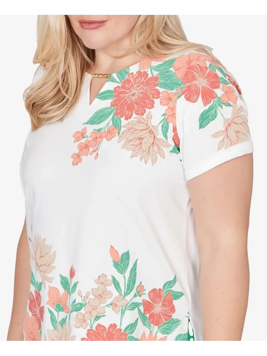 Petite Resort Living Floral Scallop Border Top Alfred Dunner — изображение 4 из 5, оранжевый мульти
