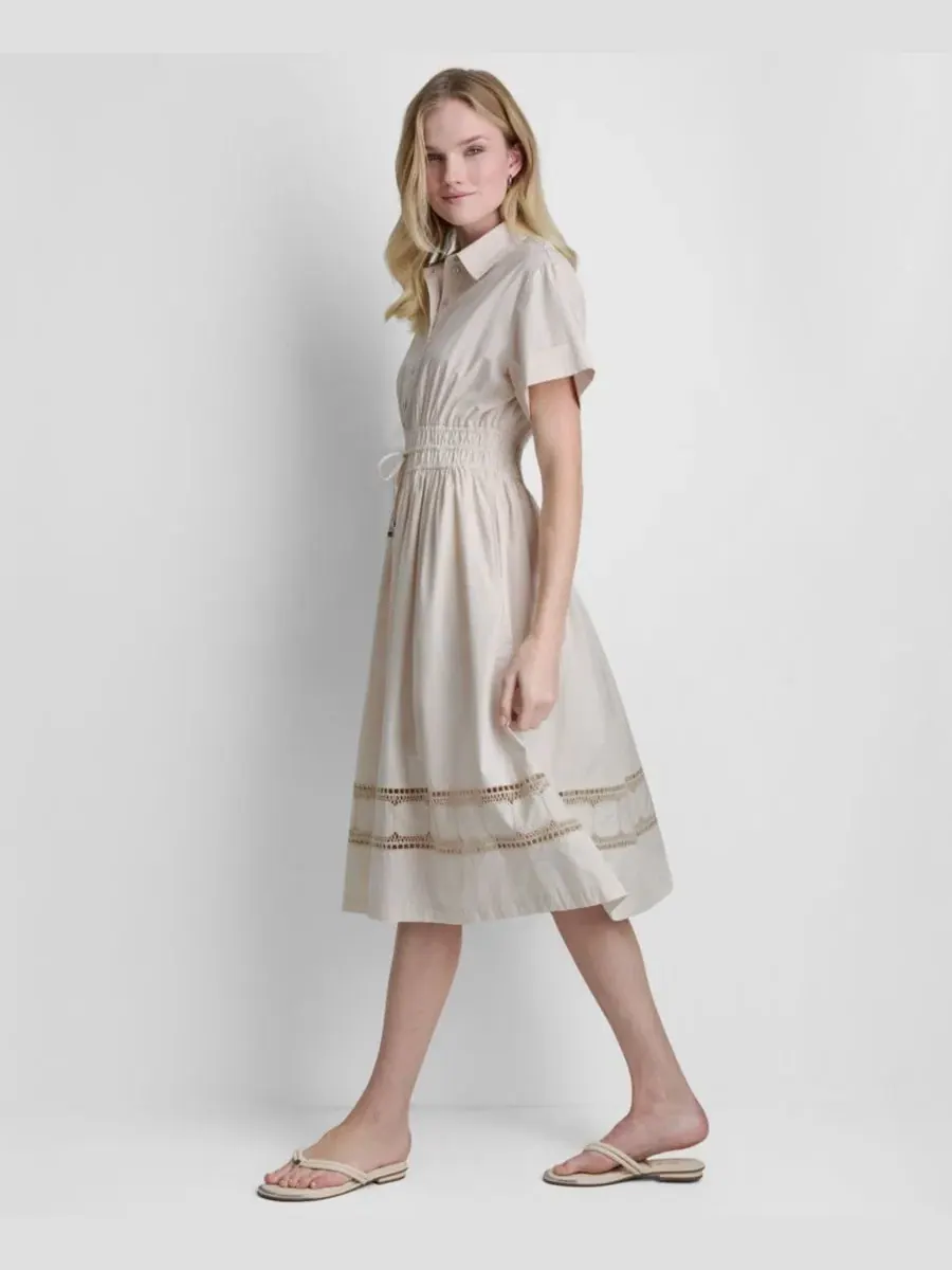 Женское хлопковое платье-рубашка с коротким рукавом и вышивкой Dkny — изображение 2 из 6, светлый хаки