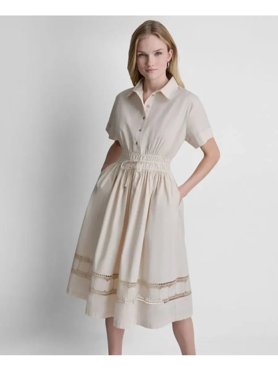 Женское хлопковое платье-рубашка с коротким рукавом и вышивкой Dkny — изображение 3 из 6, светлый хаки