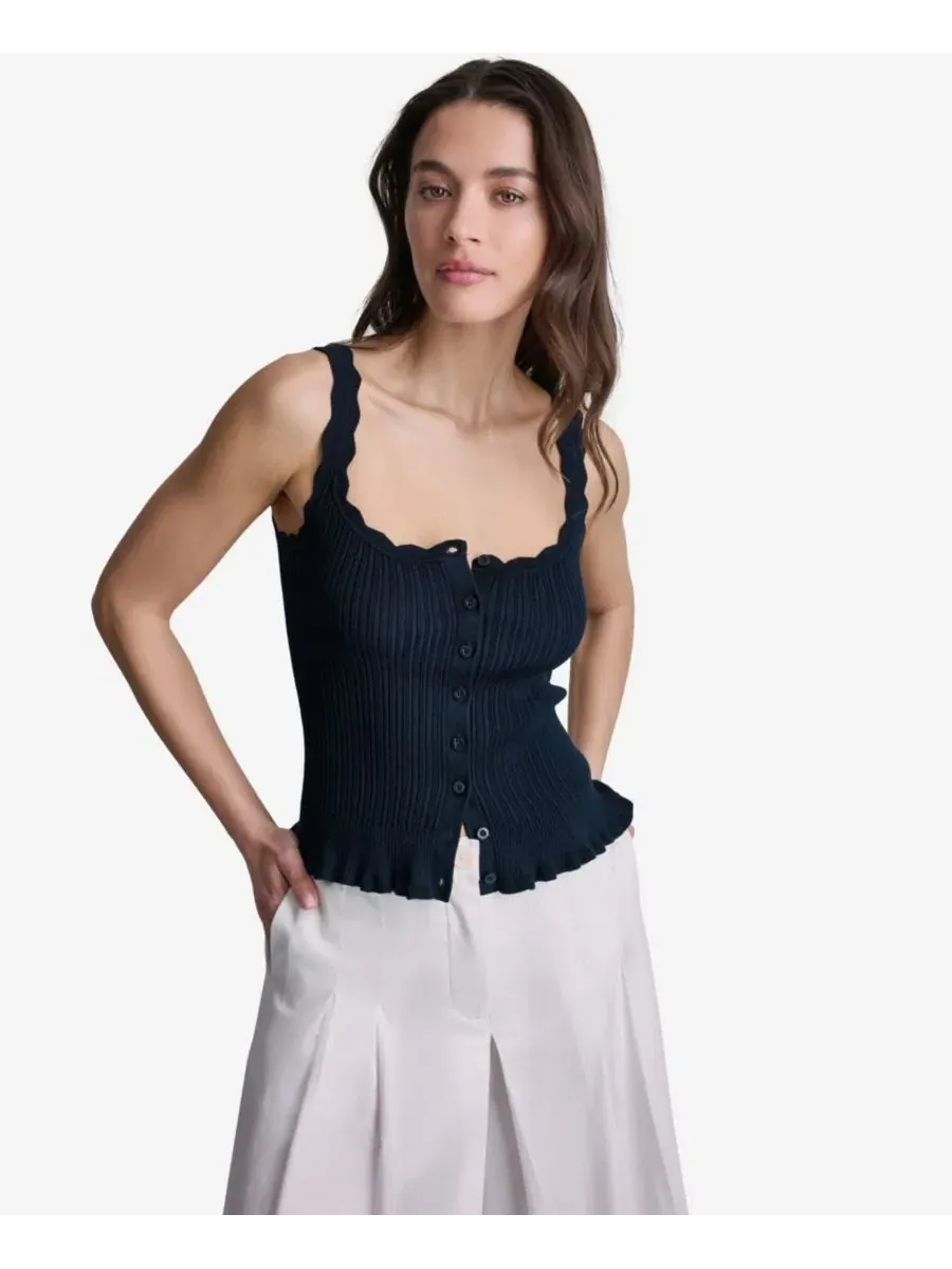 Женская ребристая майка с пуговицами и круглым вырезом BCBG — изображение 1 из 6, синий