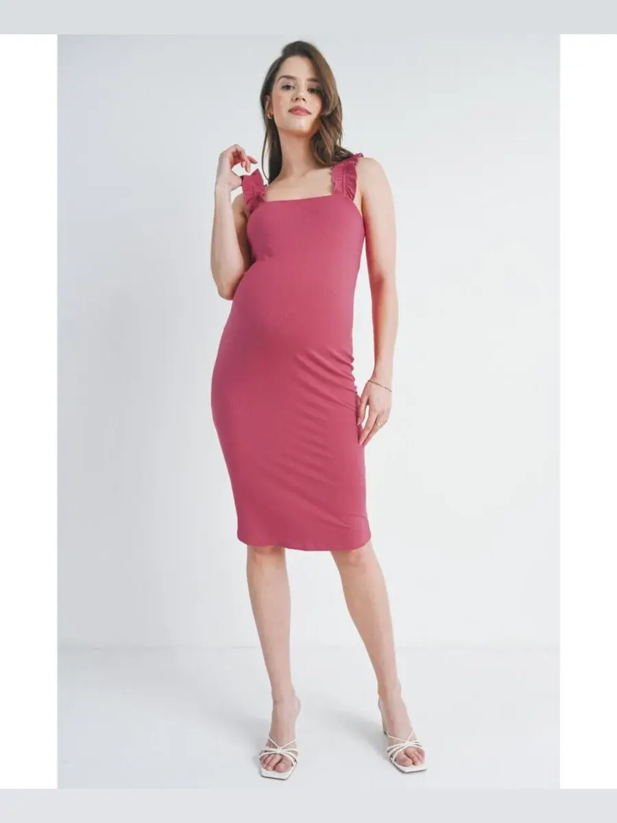 Платье для беременных в рубчик, с квадратным вырезом и оборками на бретелях Hello Miz, Berries — изображение 3 из 4