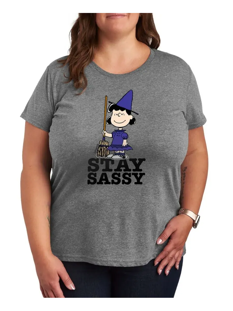 Футболка с коротким рукавом и графическим принтом "Peanuts Halloween Lucy Witch Sassy" для женщин — изображение 1 из 3, серый