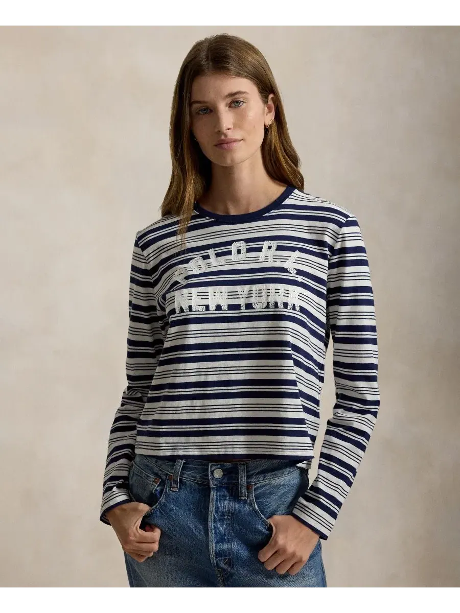 Женская полосатая футболка с круглым вырезом и длинными рукавами Polo Ralph Lauren — изображение 1 из 5, темно-синий мульти