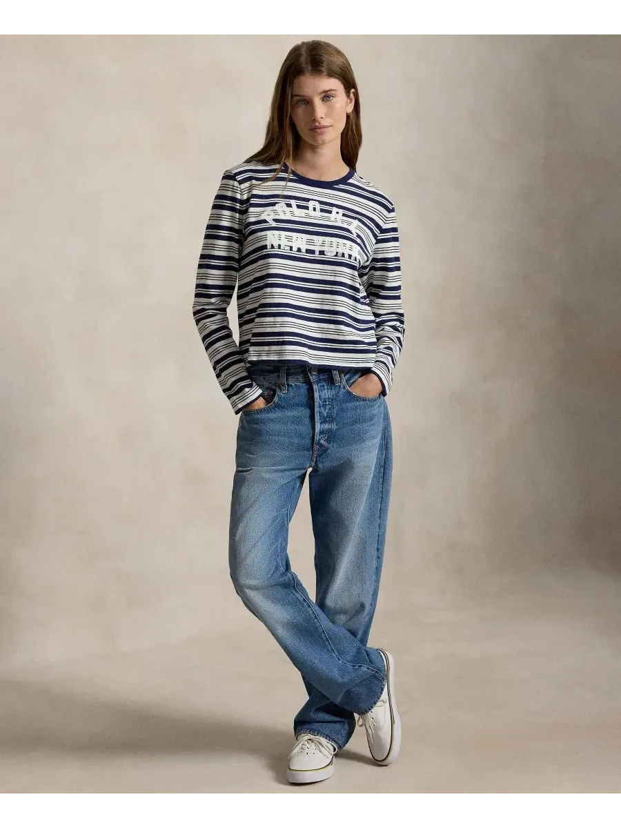 Женская полосатая футболка с круглым вырезом и длинными рукавами Polo Ralph Lauren — изображение 2 из 5, темно-синий мульти