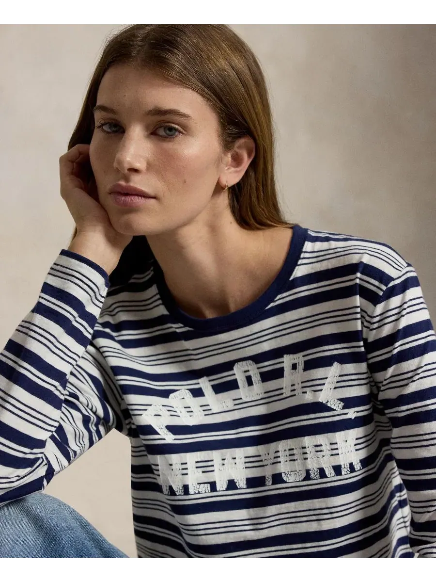 Женская полосатая футболка с круглым вырезом и длинными рукавами Polo Ralph Lauren — изображение 3 из 5, темно-синий мульти