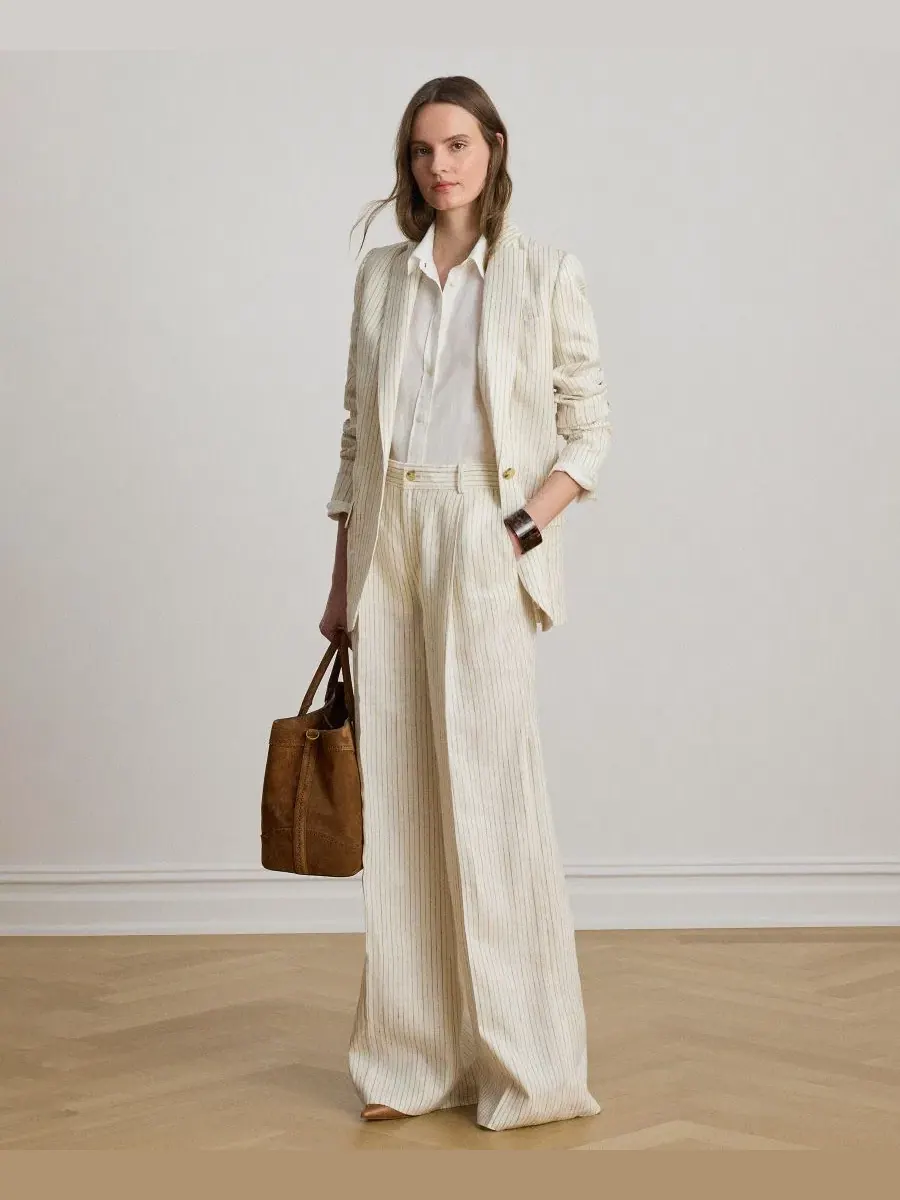 Женские брюки с высокой посадкой в тонкую полоску, широкие штанины Lauren Ralph Lauren — изображение 3 из 6, песочный мульти