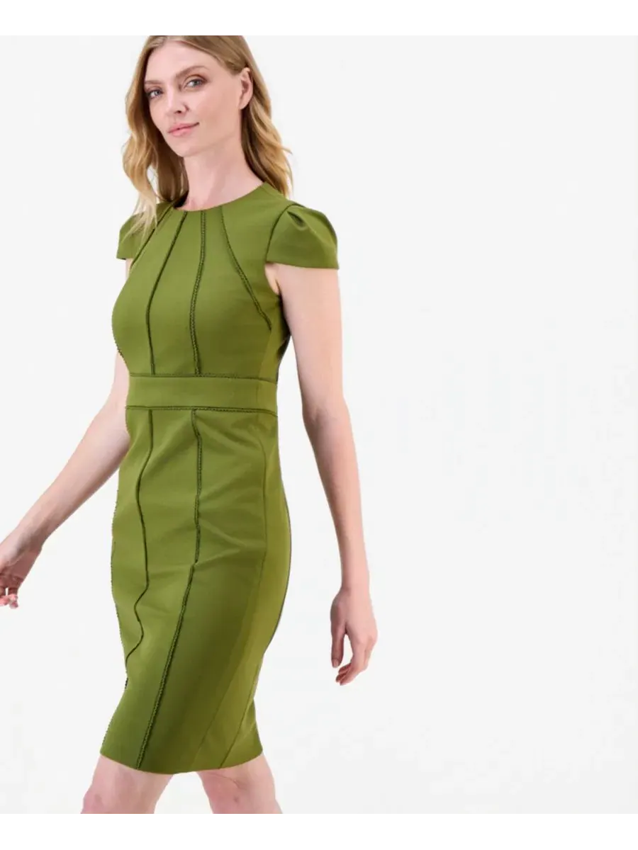 Платье-футляр с отрезным швом, модель Trim Seam Detail Crewneck Sheath Anne Klein — изображение 2 из 5, зеленый