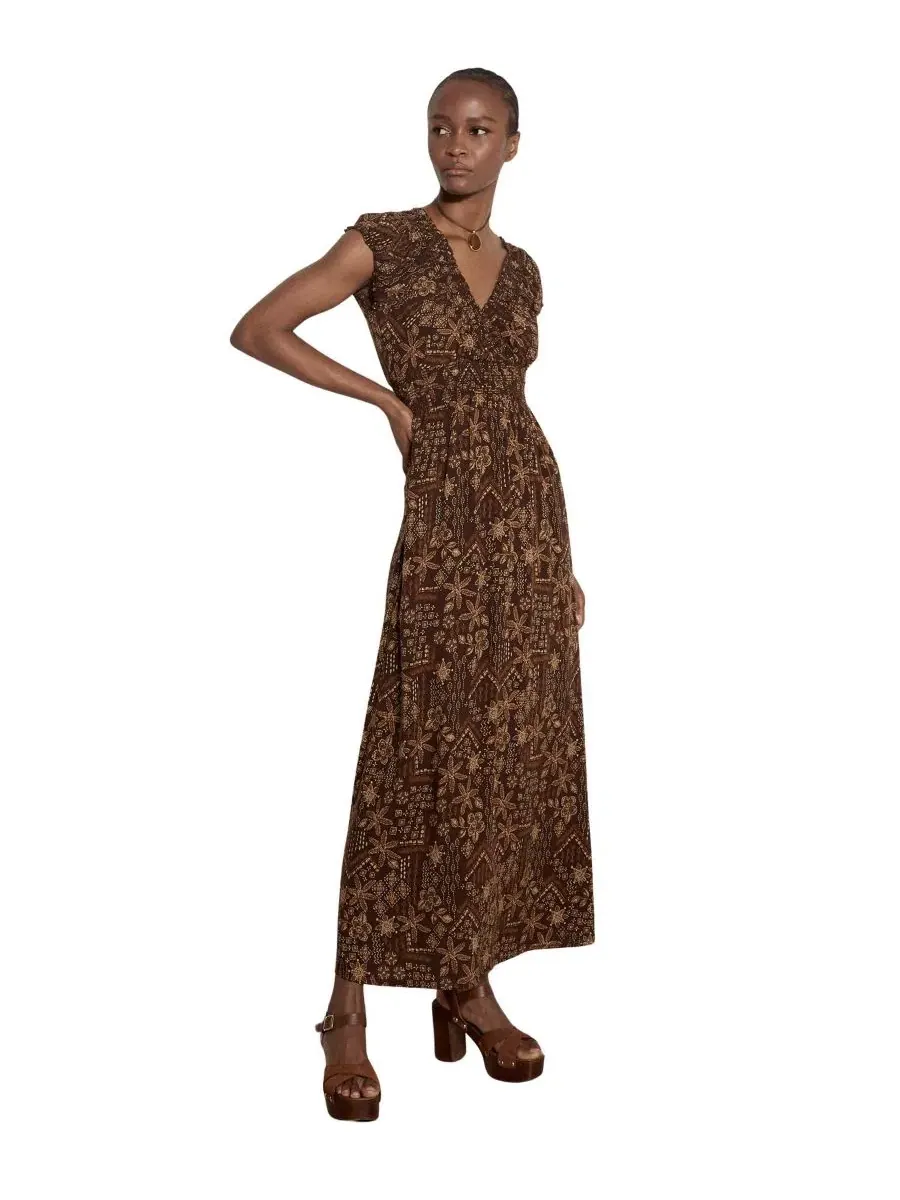 Макси-платье свободного кроя с принтом Batik Star Flower Apricot — изображение 1 из 4, коричневый