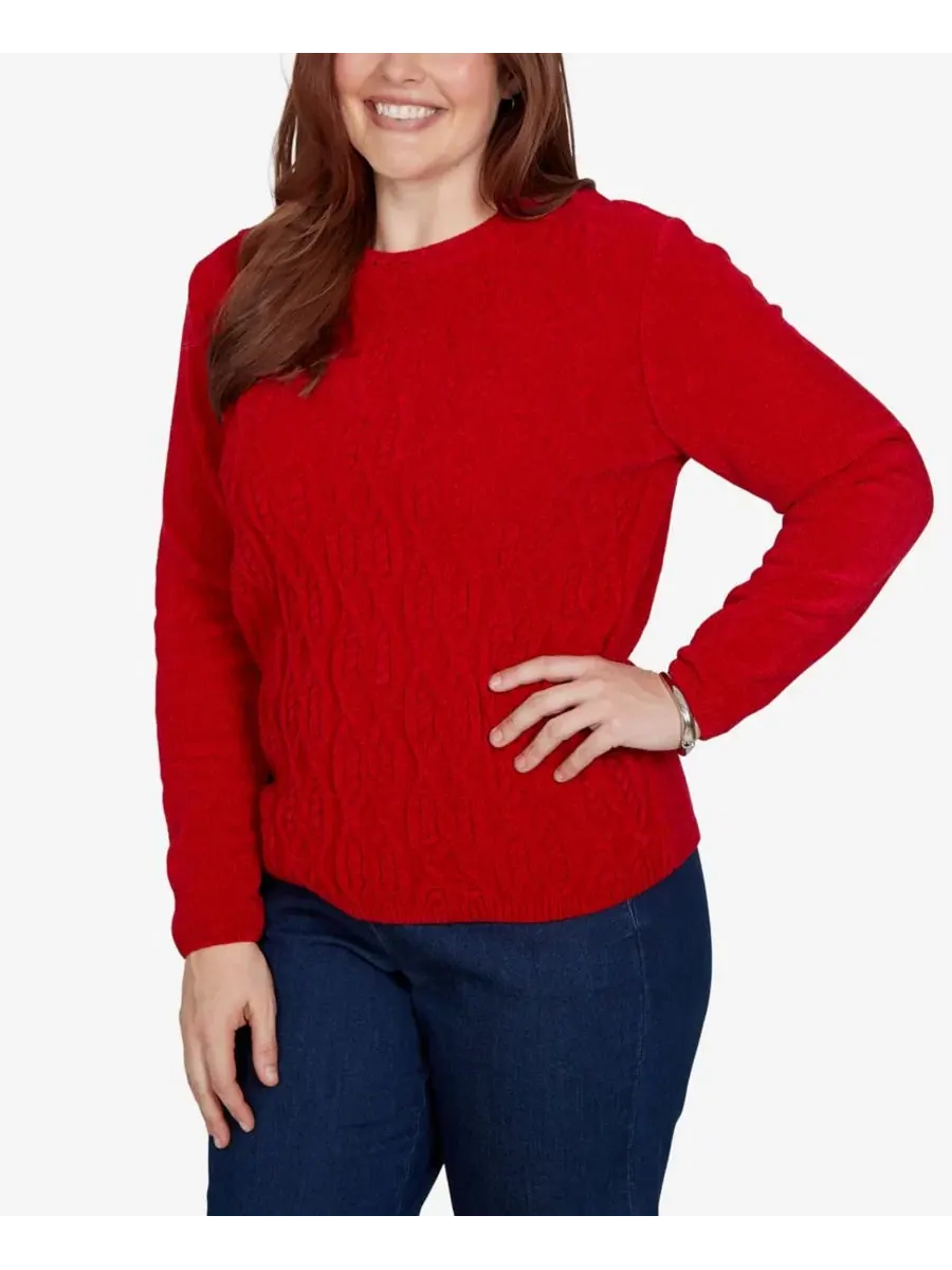 Свитер женский классический с косами из плюшевого футера, модель Classic Cable Pullover Alfred — изображение 2 из 5, красный