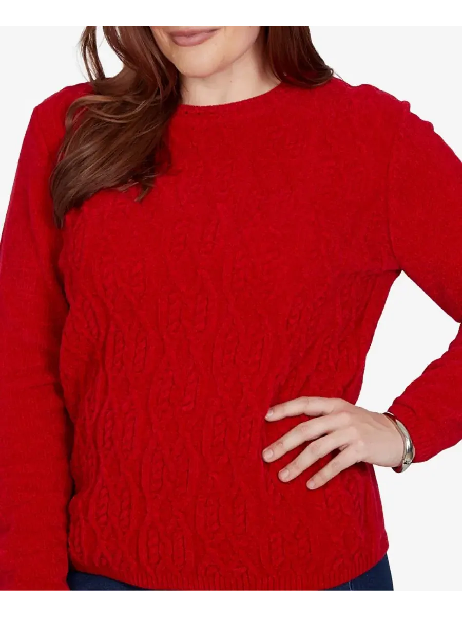 Свитер женский классический с косами из плюшевого футера, модель Classic Cable Pullover Alfred — изображение 4 из 5, красный