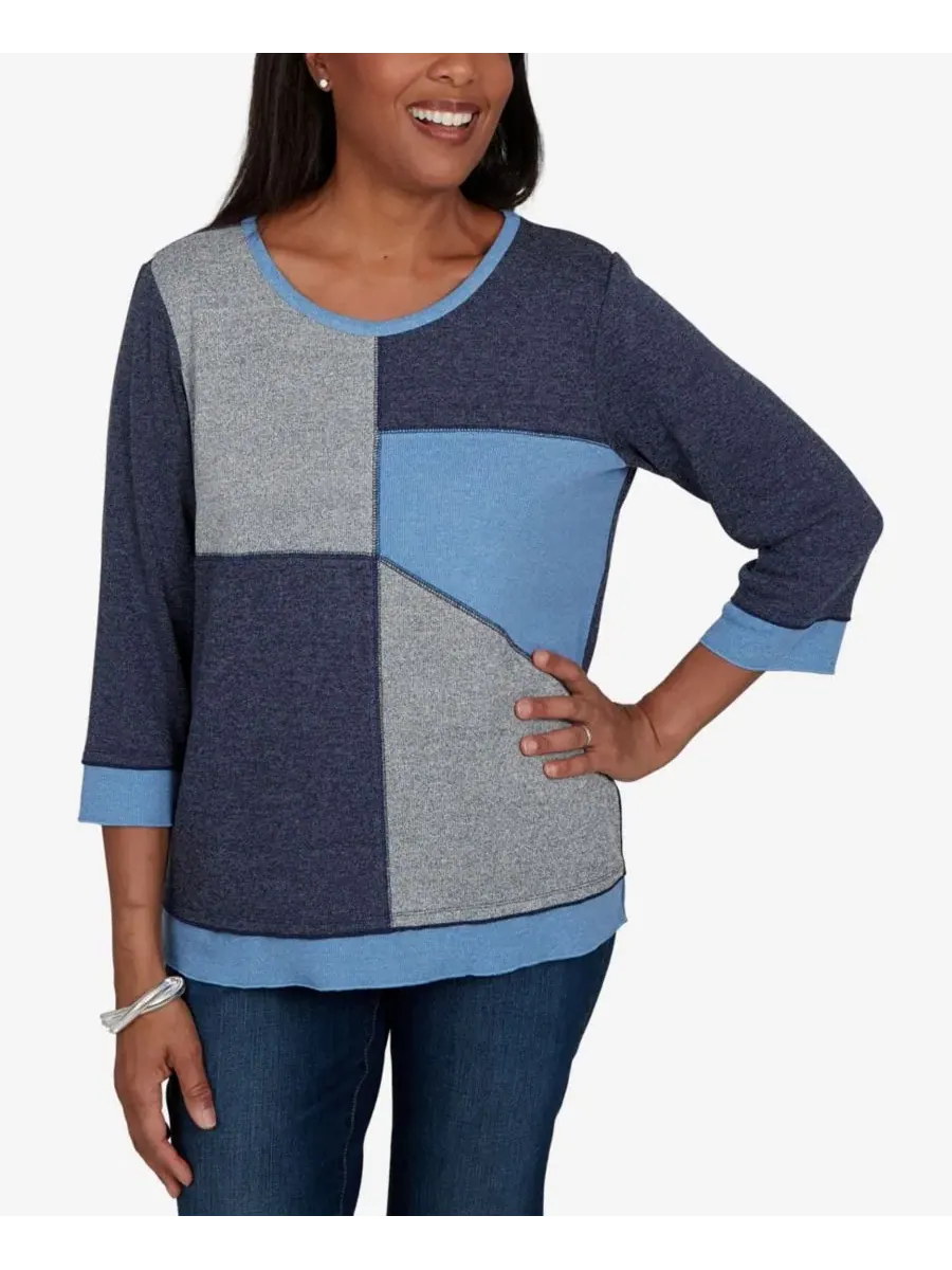 Топ с цветовым блоком 3/4 рукав Petite Classic Heathered Colorblock Alfred Dunner — изображение 1 из 5, джинсовый синий