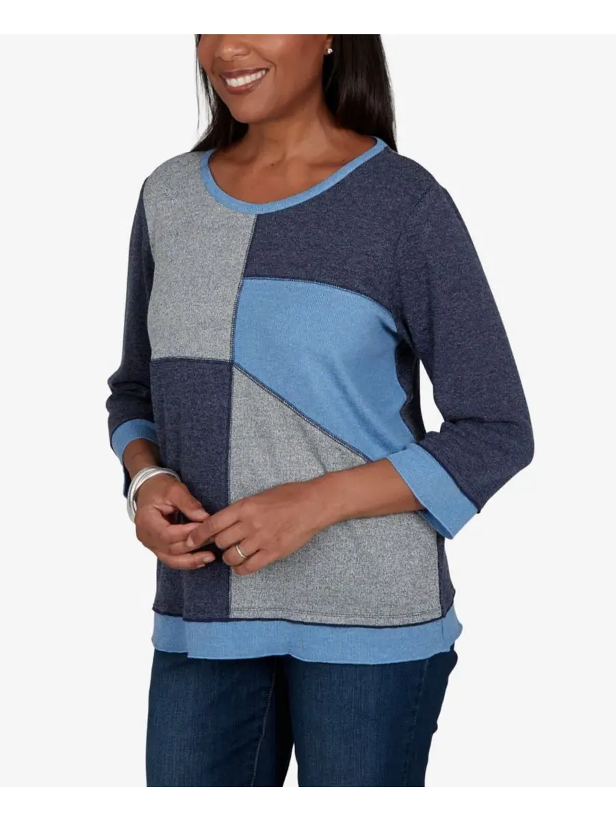 Топ с цветовым блоком 3/4 рукав Petite Classic Heathered Colorblock Alfred Dunner — изображение 2 из 5, джинсовый синий