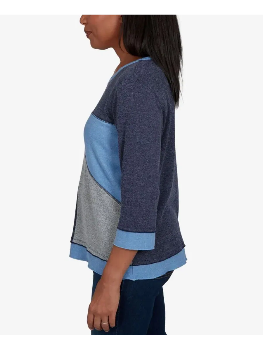 Топ с цветовым блоком 3/4 рукав Petite Classic Heathered Colorblock Alfred Dunner — изображение 3 из 5, джинсовый синий