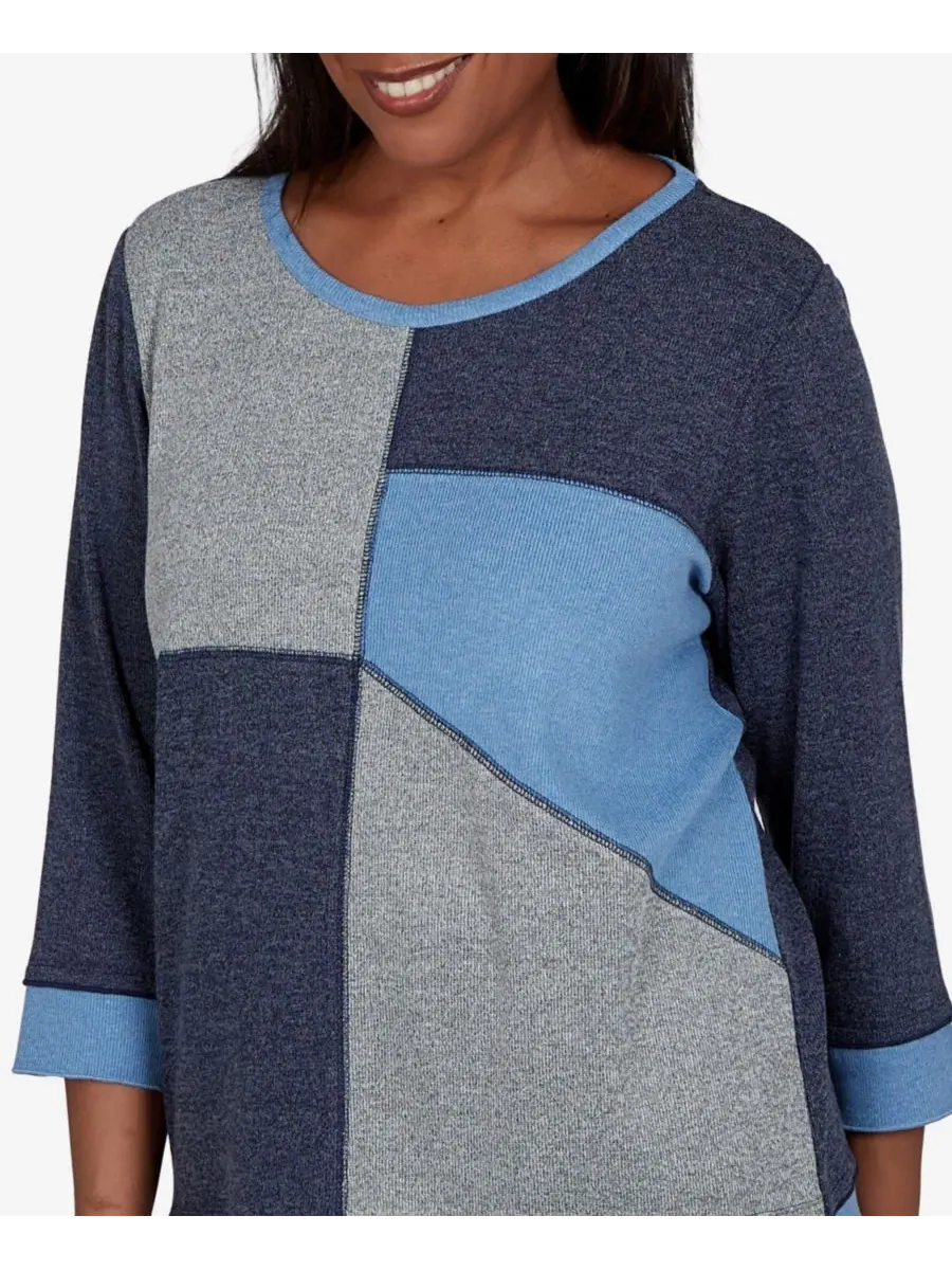 Топ с цветовым блоком 3/4 рукав Petite Classic Heathered Colorblock Alfred Dunner — изображение 4 из 5, джинсовый синий