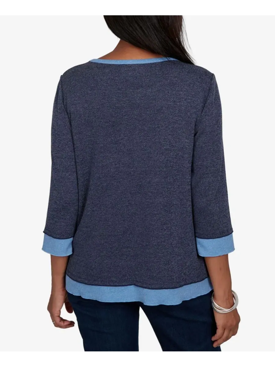 Топ с цветовым блоком 3/4 рукав Petite Classic Heathered Colorblock Alfred Dunner — изображение 5 из 5, джинсовый синий