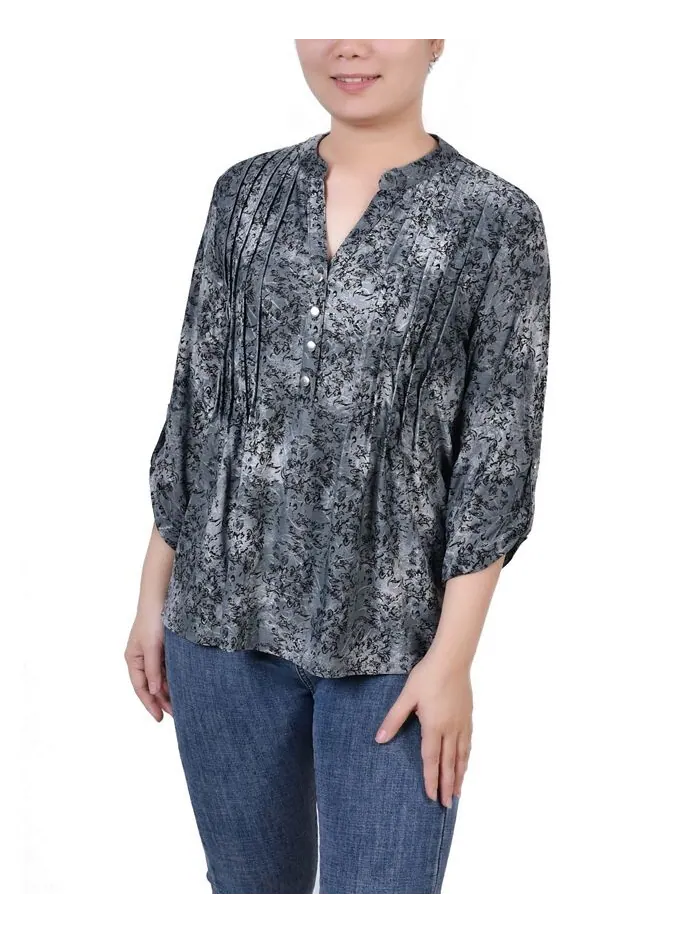 Миниатюрный топ с защипами и принтом на рукавах 3/4 NY Collection — изображение 1 из 3, серый