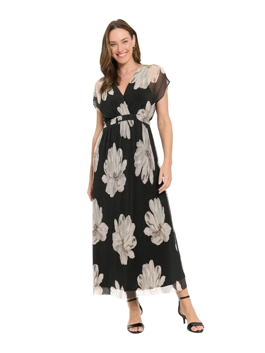 Платье-макси с запахом, с принтом, модель Petite Printed Surplice Neck Maxi Dress London Times — бежевый