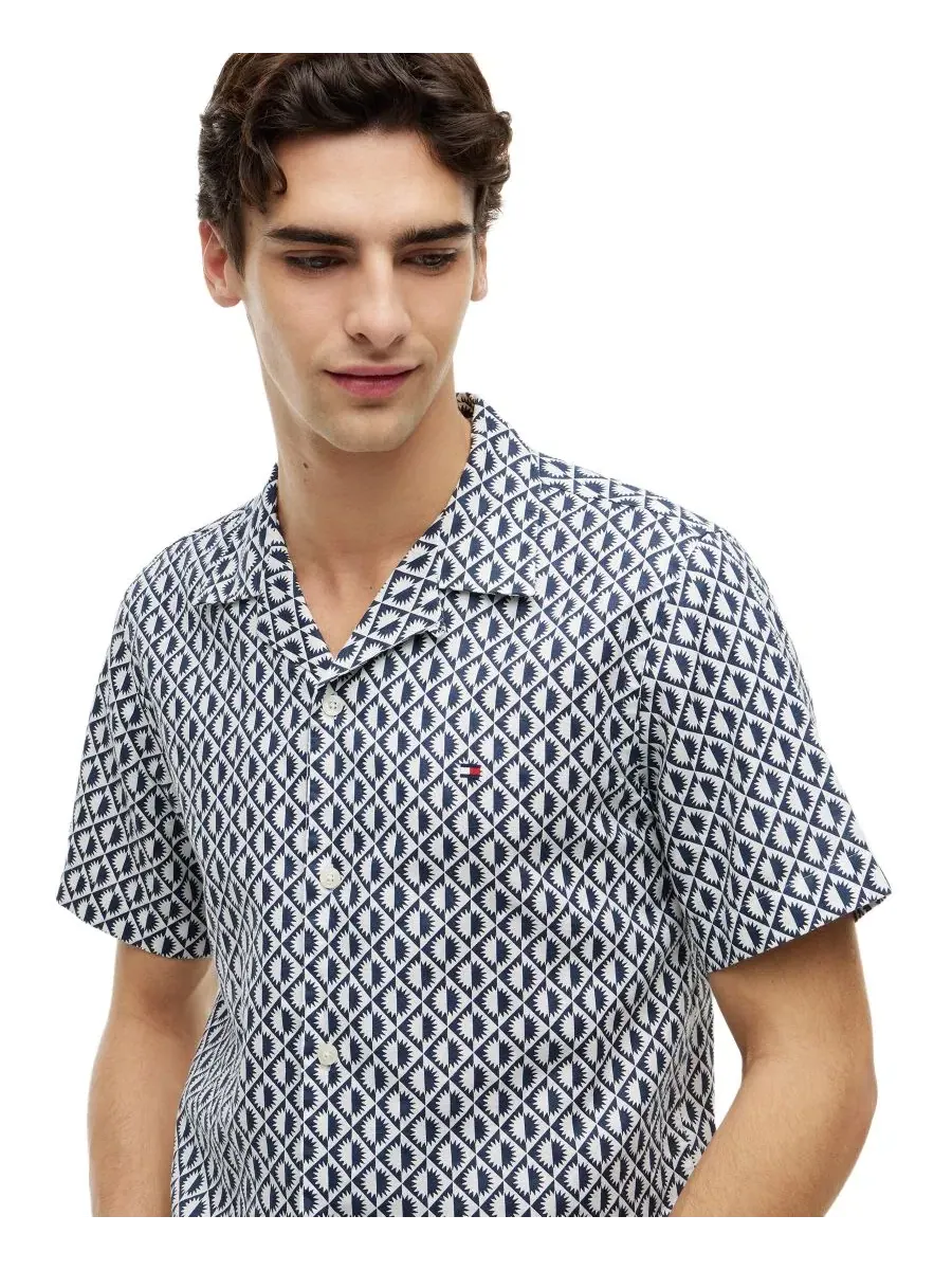 Мужская рубашка с коротким рукавом из льняной смеси с принтом Camp Collar Tommy Hilfiger — изображение 3 из 4, темно-синий