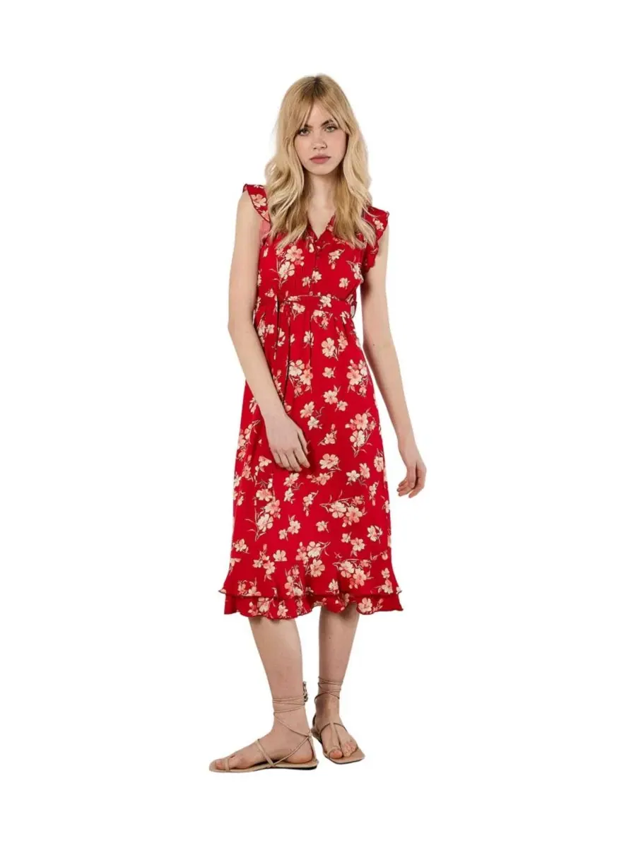 Платье миди с принтом Rock Cress Floral, Ruffle Cap Sleeve Apricot — красный