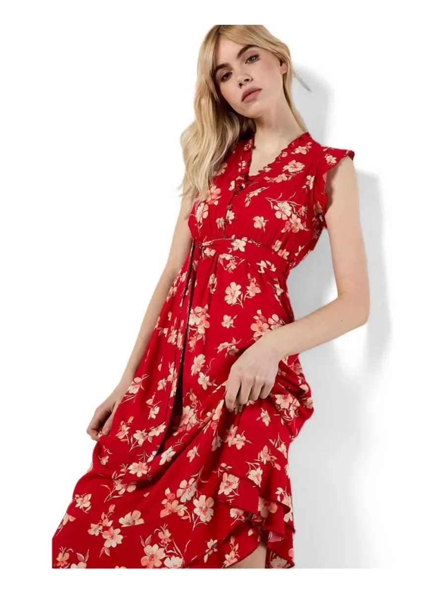 Платье миди с принтом Rock Cress Floral, Ruffle Cap Sleeve Apricot — изображение 2 из 5, красный