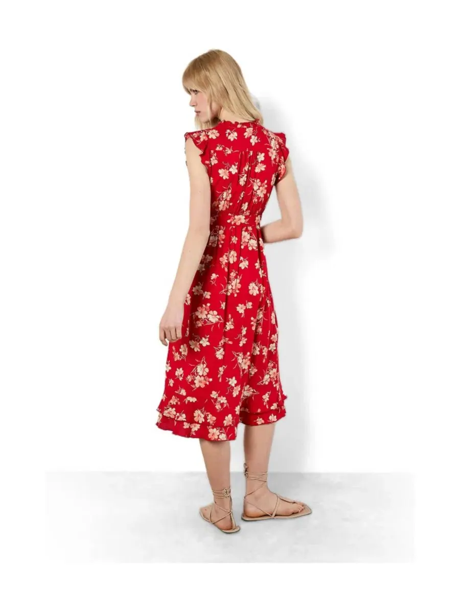 Платье миди с принтом Rock Cress Floral, Ruffle Cap Sleeve Apricot — изображение 3 из 5, красный