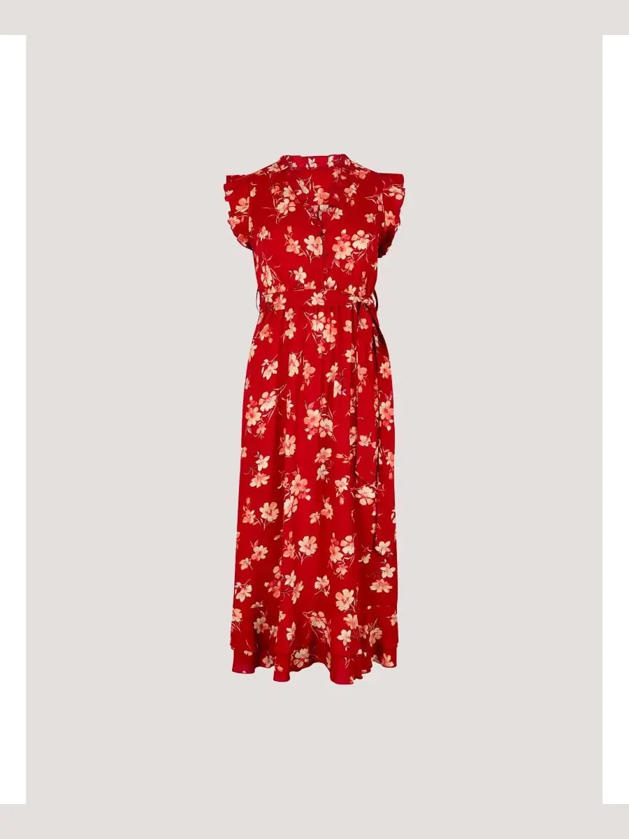 Платье миди с принтом Rock Cress Floral, Ruffle Cap Sleeve Apricot — изображение 5 из 5, красный