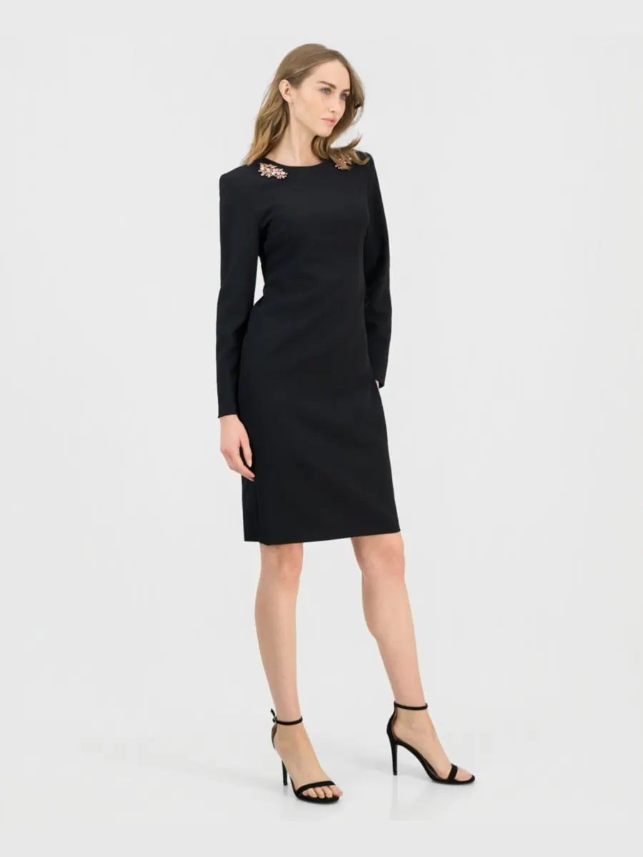 Женское современное платье с длинными рукавами, украшенное вышивкой Anne Klein — изображение 4 из 5, черный
