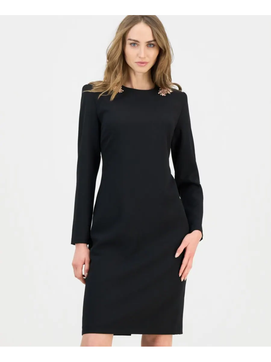 Женское современное платье с длинными рукавами, украшенное вышивкой Anne Klein — изображение 5 из 5, черный