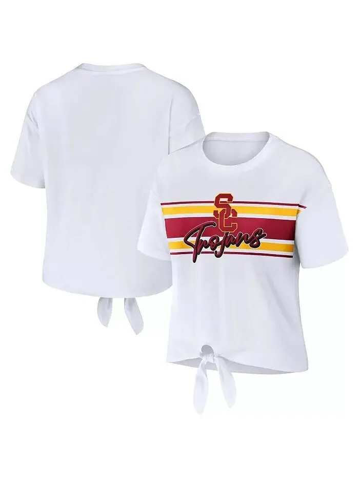 Женская белая укороченная футболка USC Trojans в полоску спереди с узлом Wear By Erin Andrews — белый