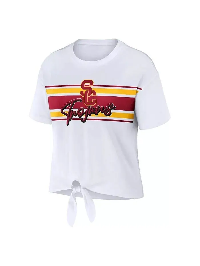 Женская белая укороченная футболка USC Trojans в полоску спереди с узлом Wear By Erin Andrews — изображение 2 из 3, белый