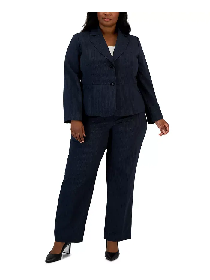 Женский костюм с двумя пуговицами в полоску, plus size Le Suit — изображение 1 из 4, темно-синий