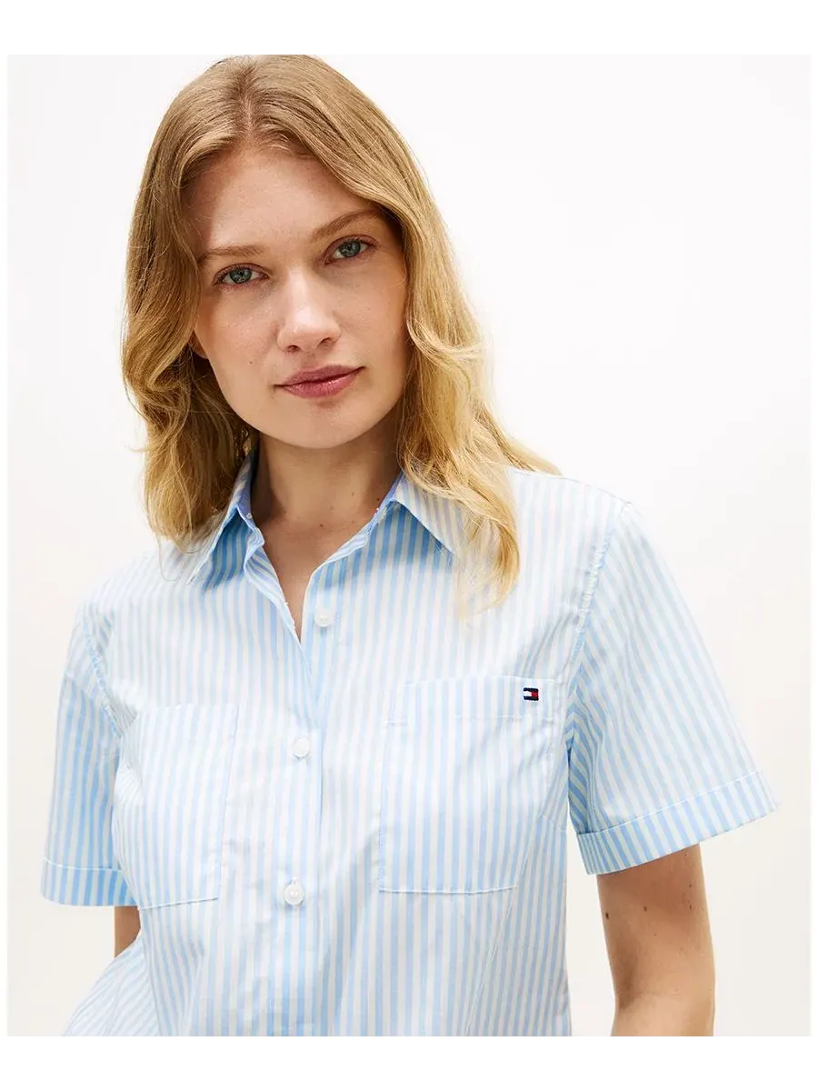 Классическая женская рубашка с коротким рукавом из поплина Tommy Hilfiger — изображение 3 из 3, синий/белый