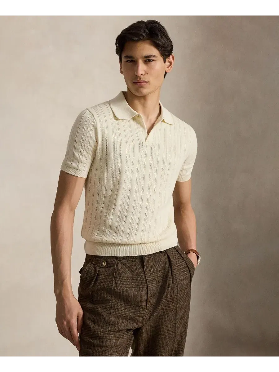 Мужская текстурированная хлопковая футболка-поло Polo Ralph Lauren — изображение 1 из 5, кремовый