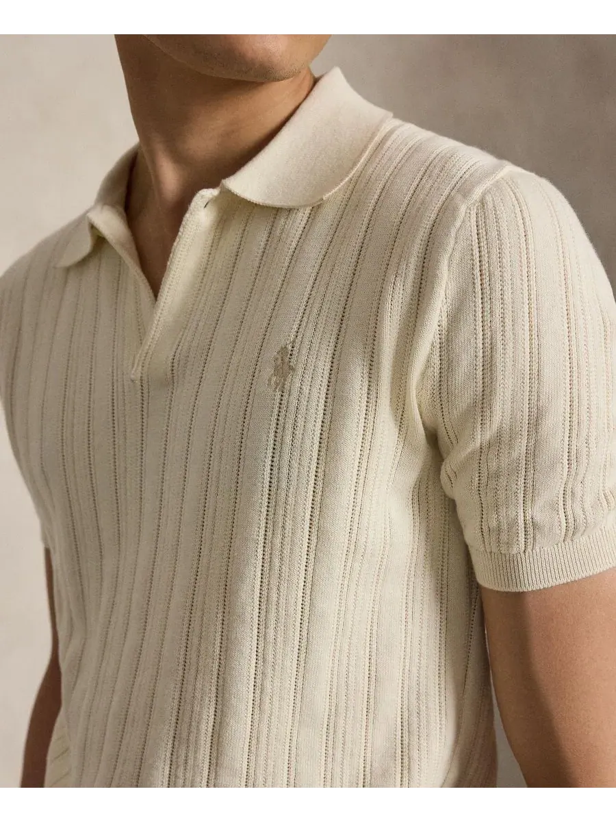 Мужская текстурированная хлопковая футболка-поло Polo Ralph Lauren — изображение 3 из 5, кремовый