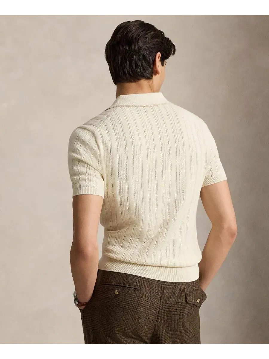 Мужская текстурированная хлопковая футболка-поло Polo Ralph Lauren — изображение 4 из 5, кремовый