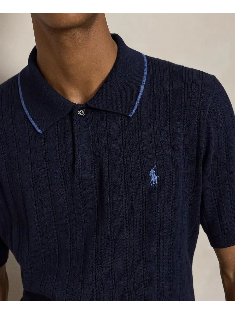 Мужское поло из фактурного хлопка с воротником-поло Polo Ralph Lauren — изображение 3 из 5, темно-синий