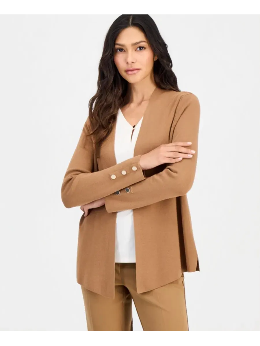 Кардиган с открытым передом и разрезами по бокам Anne Klein Essentials — изображение 2 из 3, бежевый