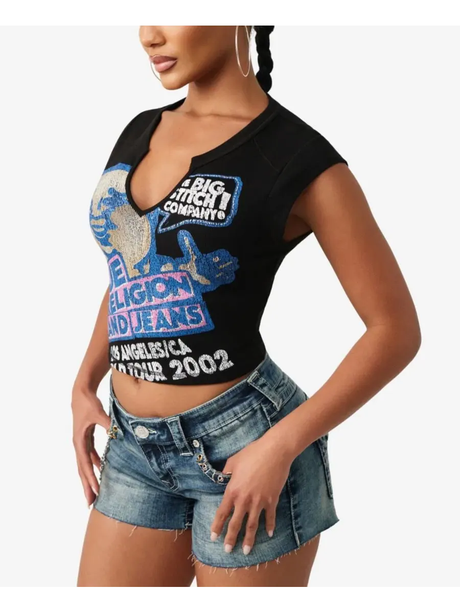 Футболка с вырезом-качели и принтом Buddha Urban Notched Baby True Religion — изображение 2 из 3, черный