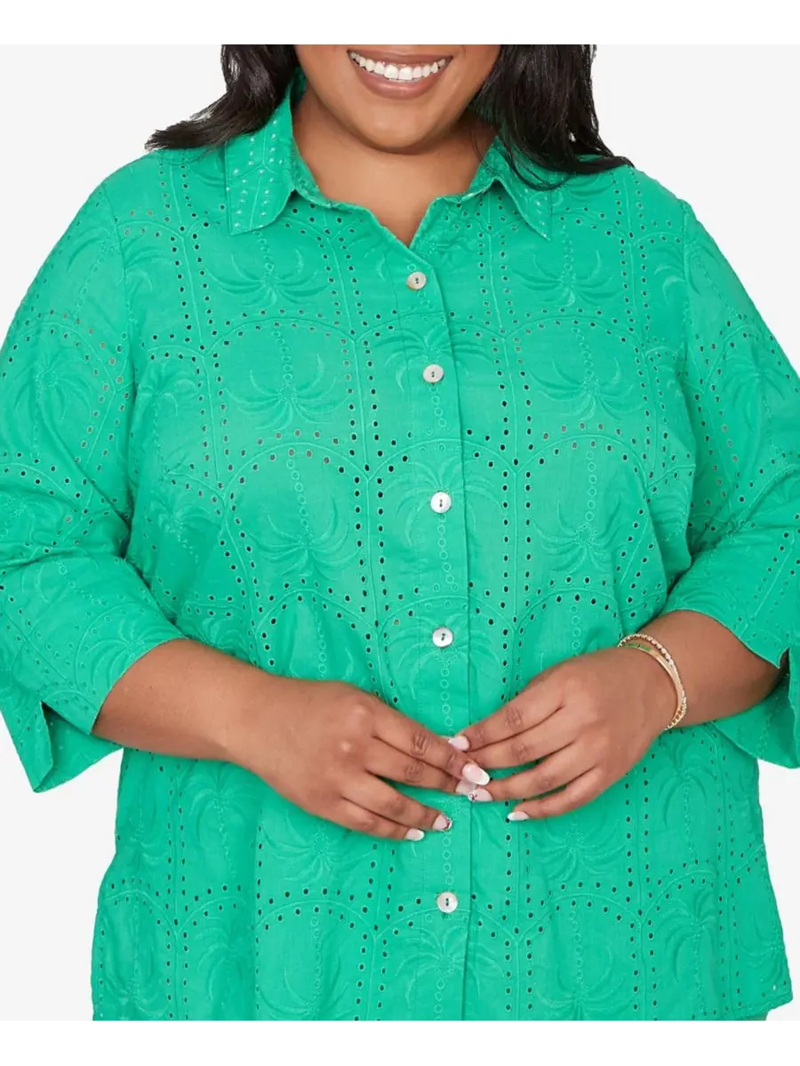 Рубашка Plus Size Resort Living с перфорацией в виде пальмы и пуговицами спереди Alfred Dunner — изображение 2 из 5, зеленый