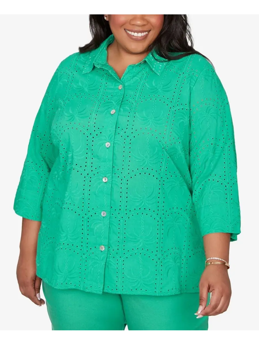 Рубашка Plus Size Resort Living с перфорацией в виде пальмы и пуговицами спереди Alfred Dunner — изображение 3 из 5, зеленый
