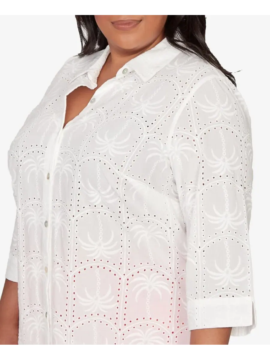 Рубашка Plus Size Resort Living с перфорацией в виде пальмы и пуговицами спереди Alfred Dunner — изображение 4 из 5, белый